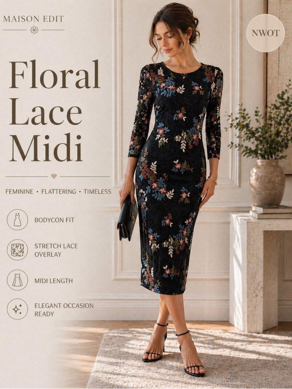 Timeless Floral Lace Midi. Boutique inspired; similar to designer lace styles
